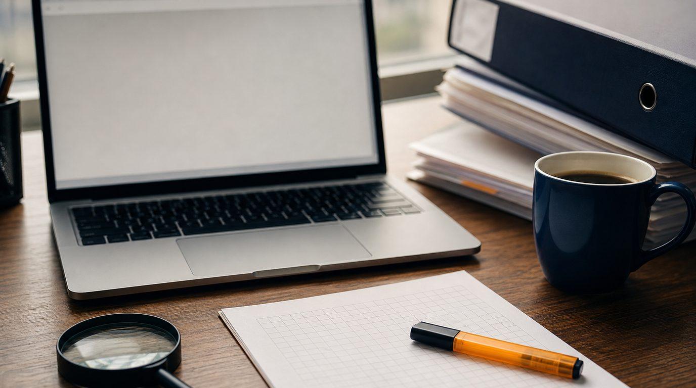 An auditor's desk with an open laptop, grid paper and an amber highlighter, a magnifying glass, a lever-arch file and a coffee mug.