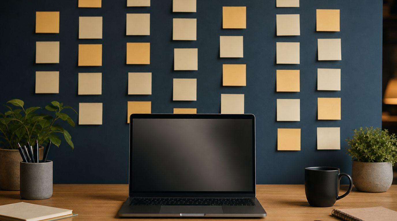 Columns of blank ivory and amber sticky notes on a navy wall behind an open laptop on a wooden desk.