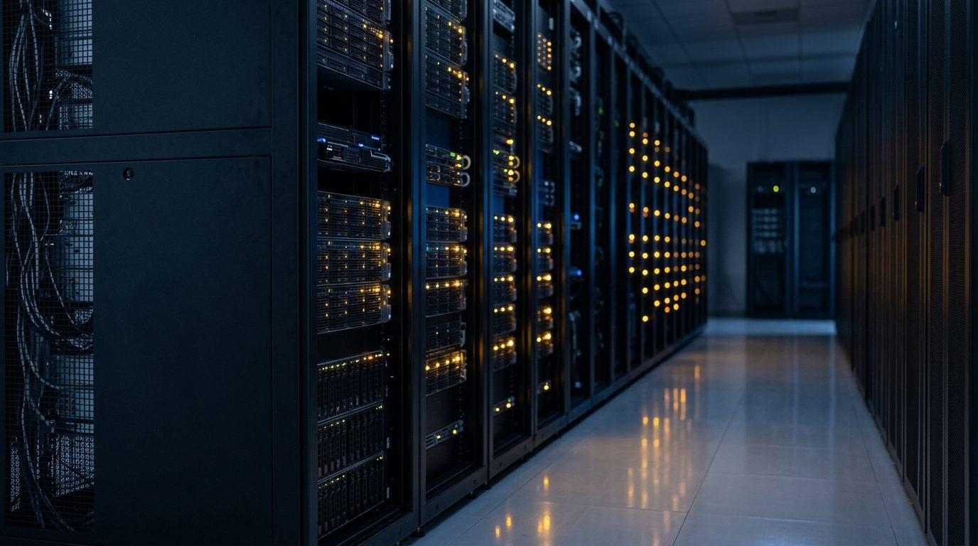 A dimly lit server room aisle with rows of equipment racks and amber indicator lights.