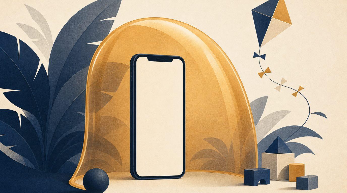 Illustration: a smartphone with a blank screen sheltered under an amber dome, with a kite, toy blocks and tropical leaves around it.