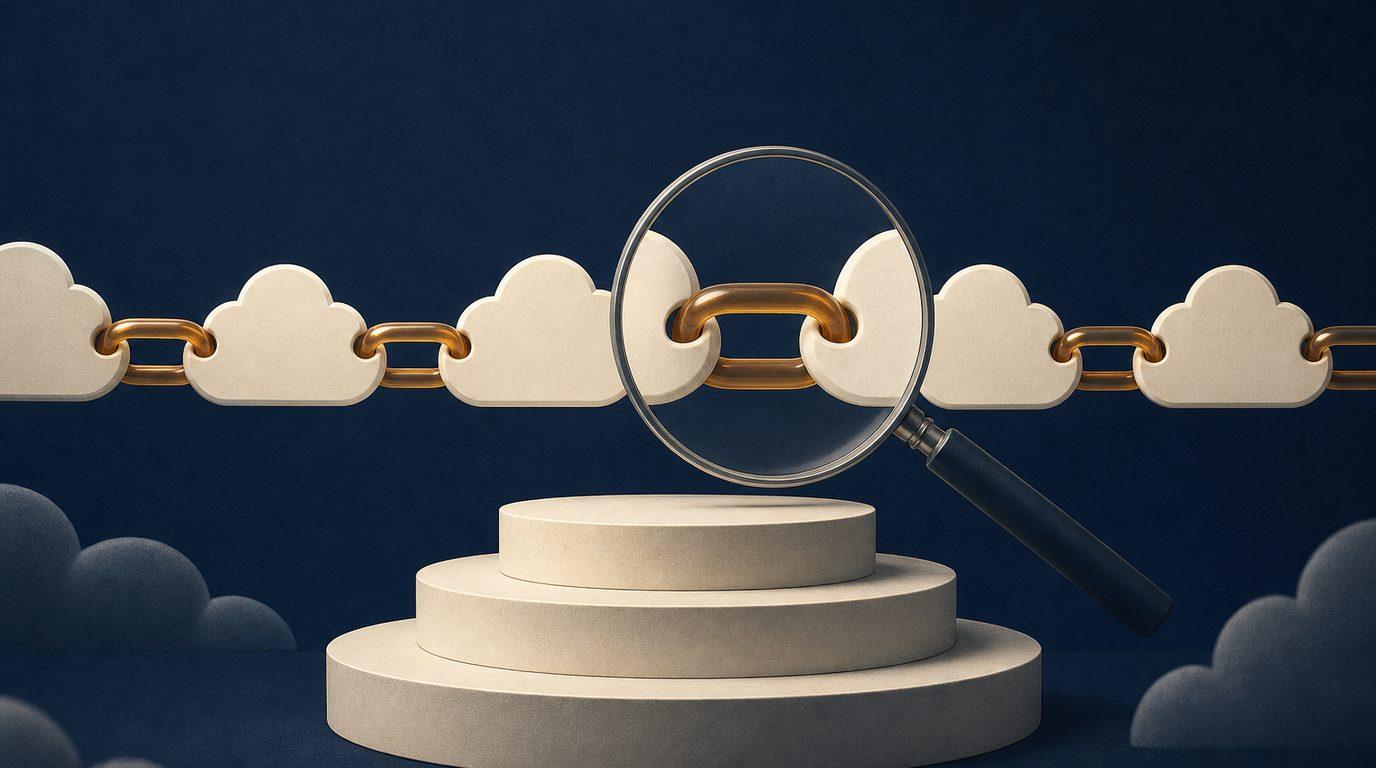 Illustration: a chain of ivory cloud shapes joined by amber links, one link examined under a magnifying glass above a three-tier stand.