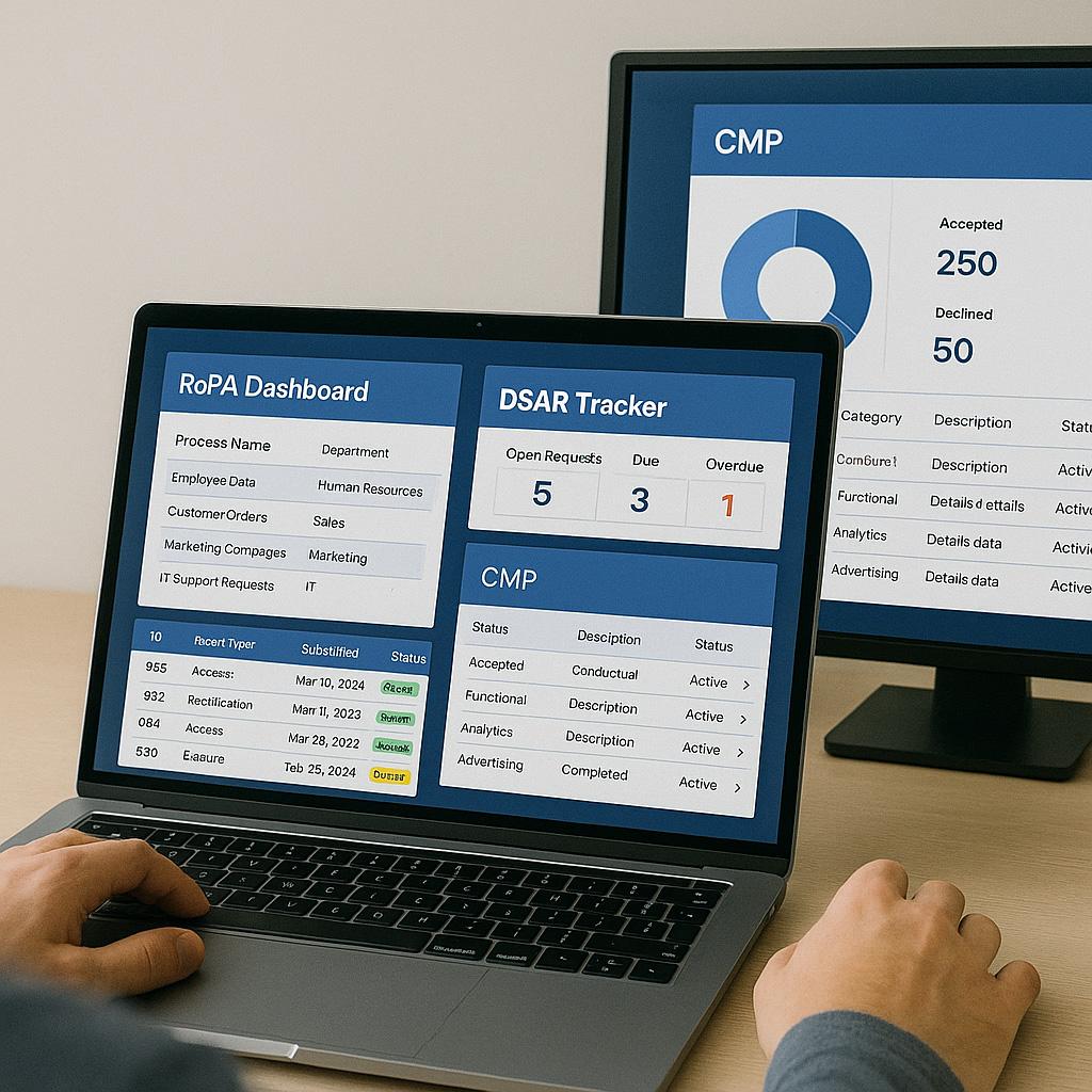 Browser window with cookie banner, consent options and a tag manager panel